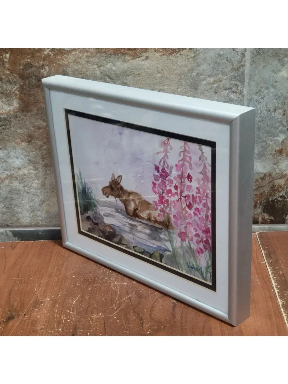 Watercolor Painting Art Print Moose in Water Pink Flower Signed MarLynk
